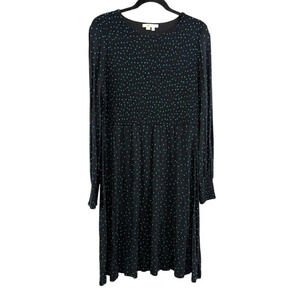 Boden Navy & Teal Polka Dot Smocked Long Sleeve Jersey Knit Dress Women's US 14L